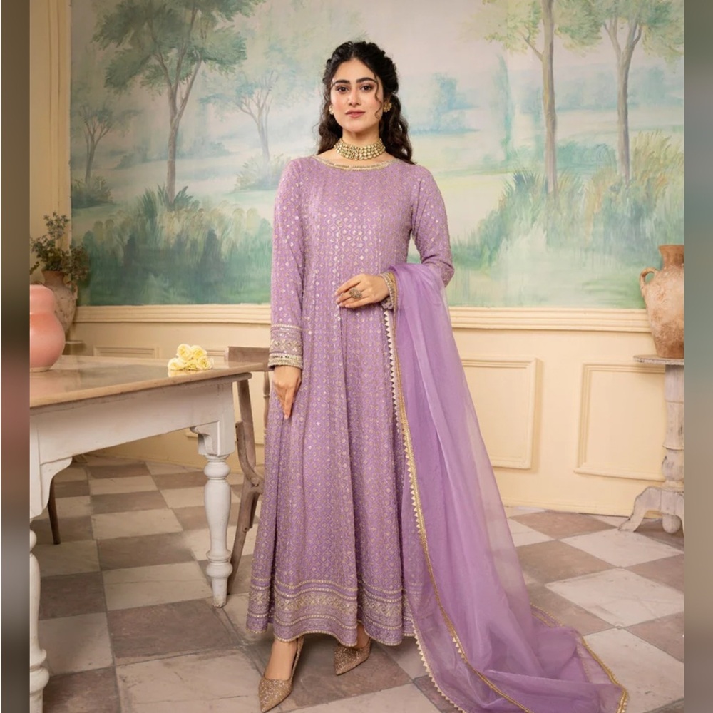 Kasni: Lilac symphony.Elegant Lavender Anarkali Dress